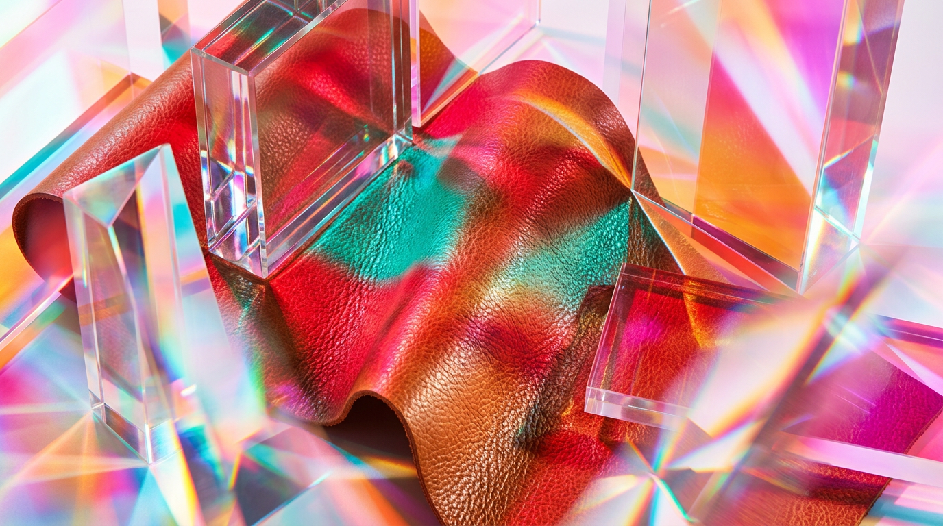 An evocative image of luxury leather and fragrance bottles