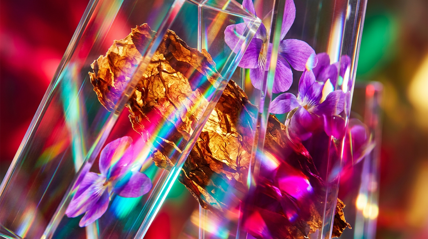 A moody and artistic flatlay of violet petals and raw tobacco leaves, representing the creative essence of Violet Tabac