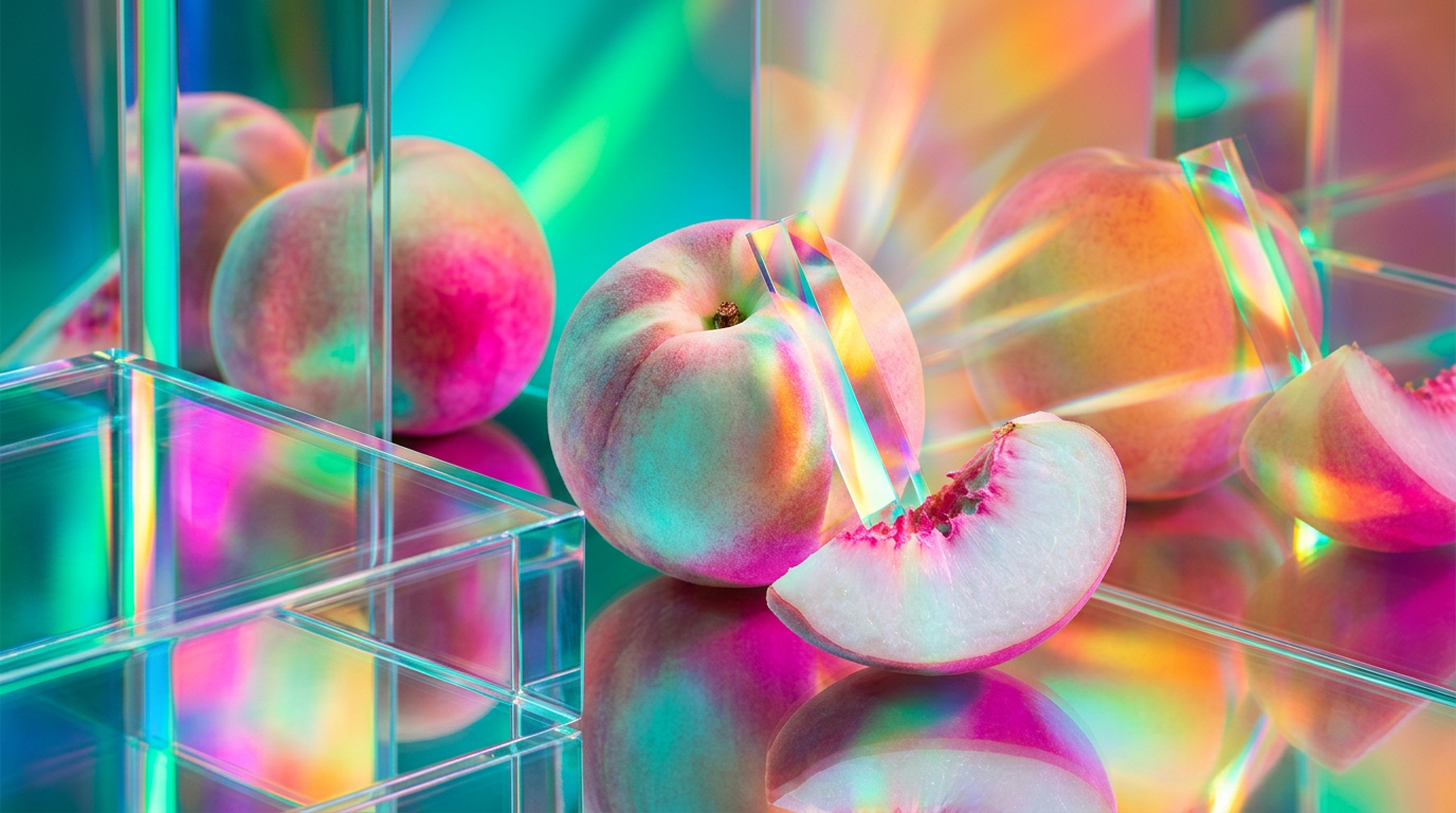 A basket of dewy white peaches in a sunlit garden setting