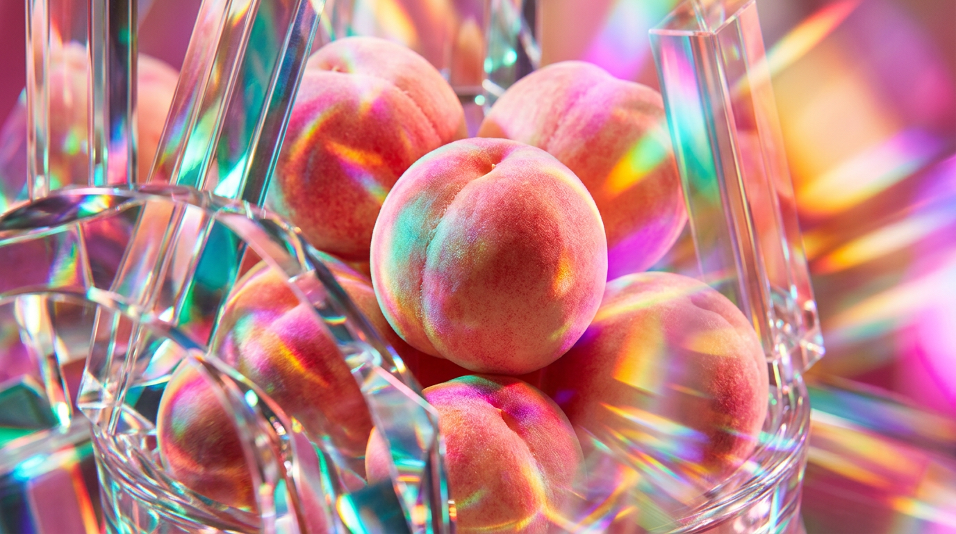 White Peaches fragrance lifestyle shot with a bright, airy aesthetic