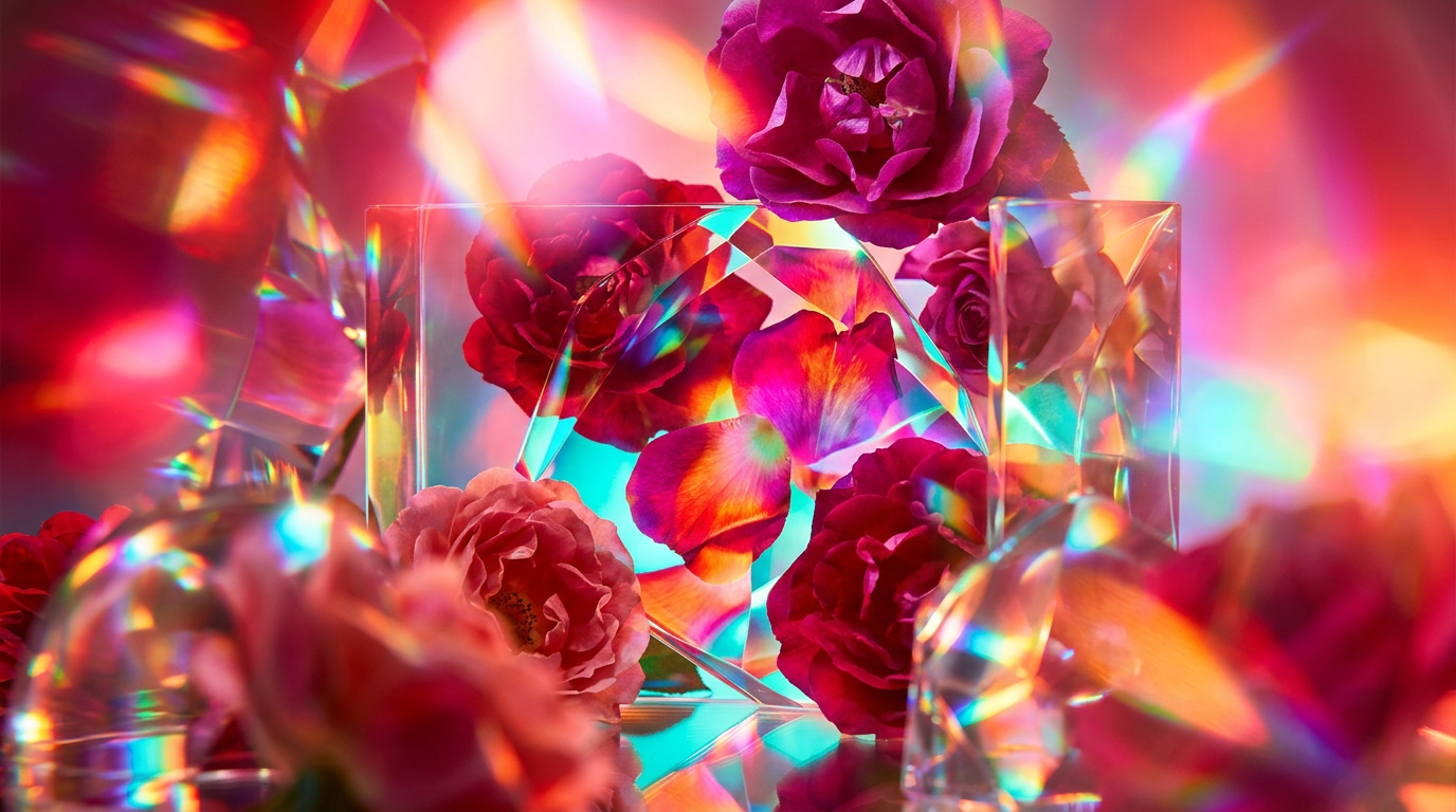 A beautiful arrangement of wild roses and perfume bottles on a garden table