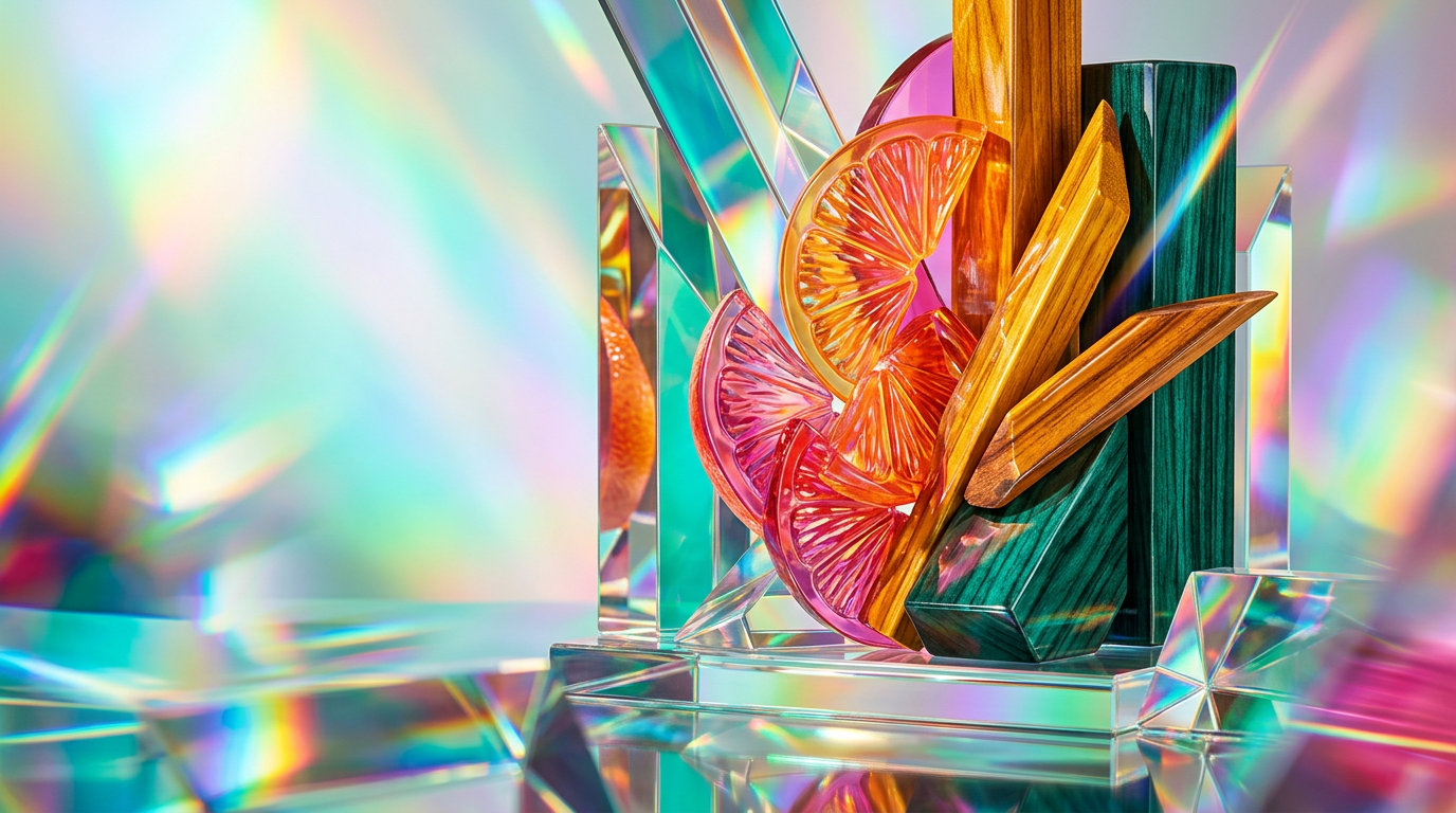 An artistic arrangement of fresh citrus fruits and aromatic wood blocks on a minimalist background