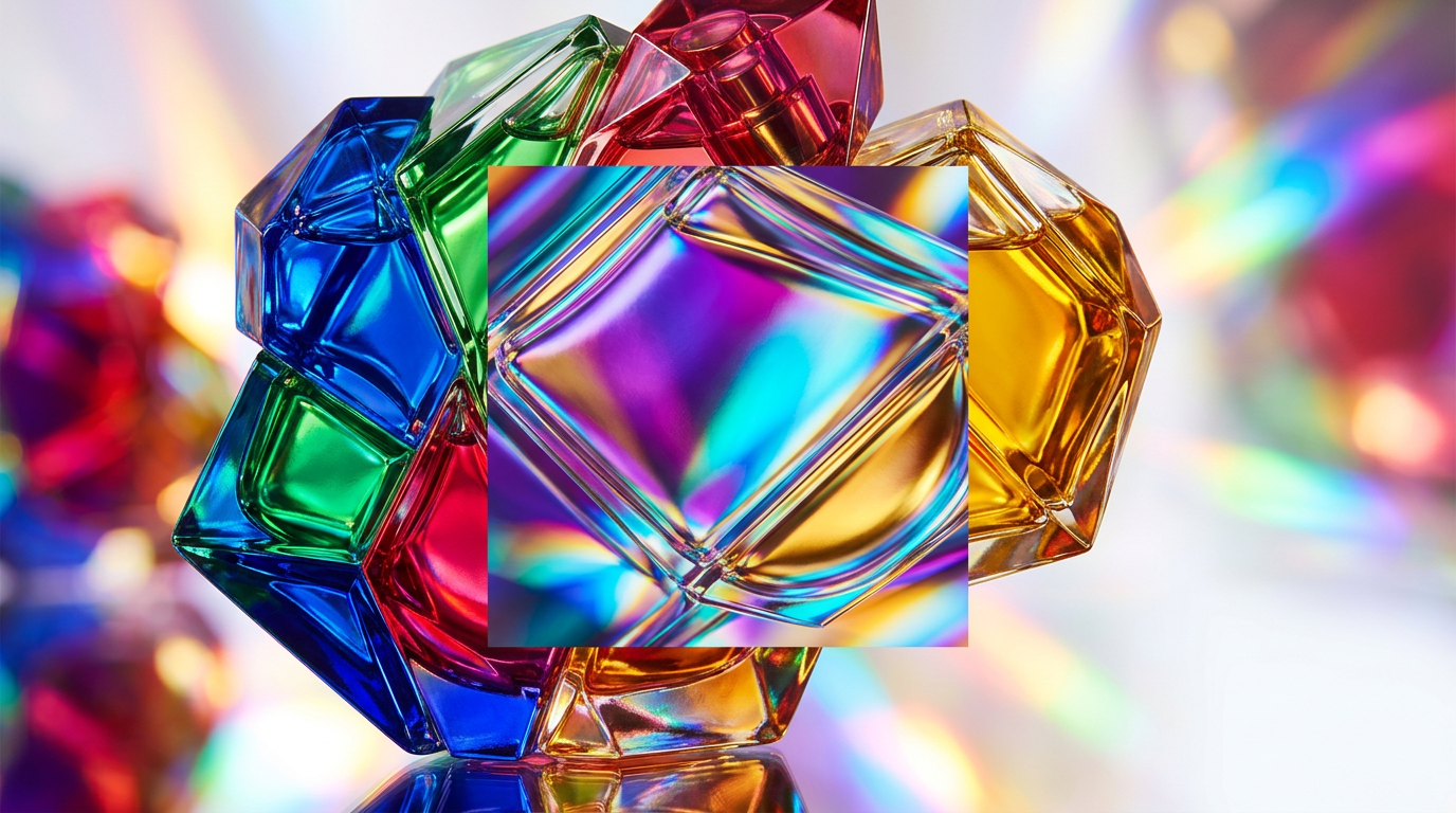 An array of genderful perfumes on a minimalist shelf