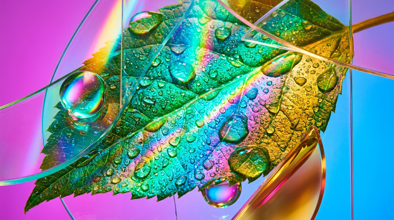 A bright morning scene with dew on green leaves and a bottle of fresh perfume