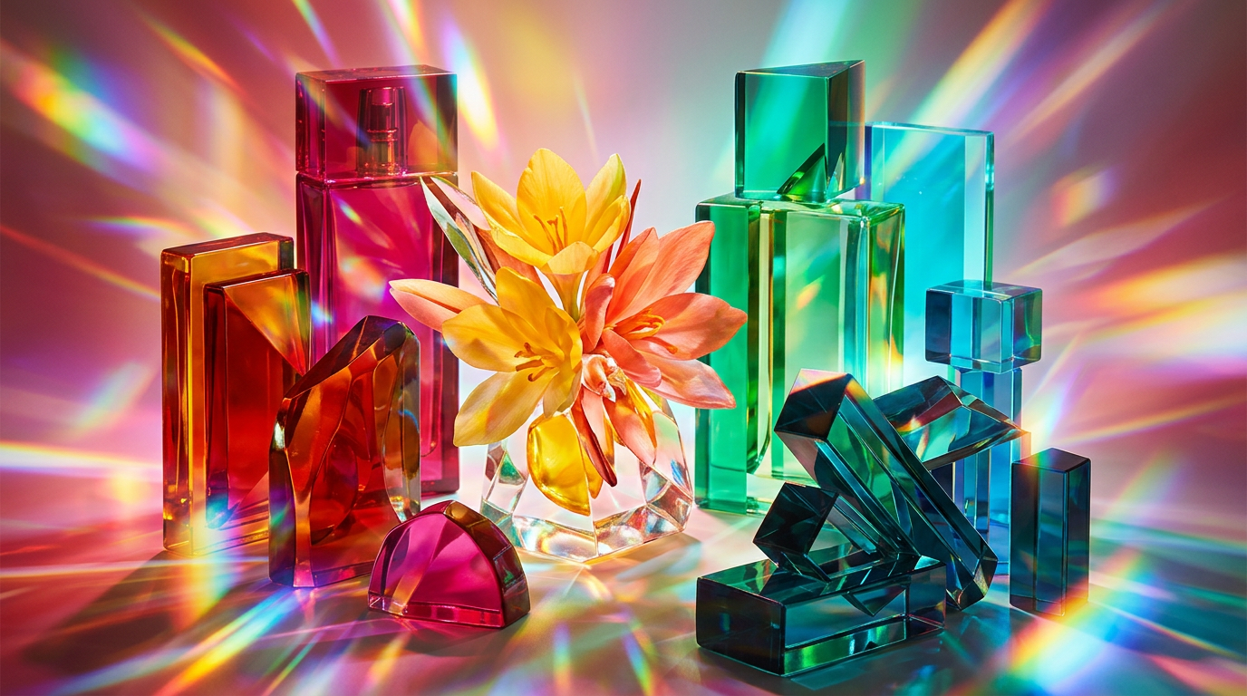 An array of artisanal fragrance bottles representing different scent families
