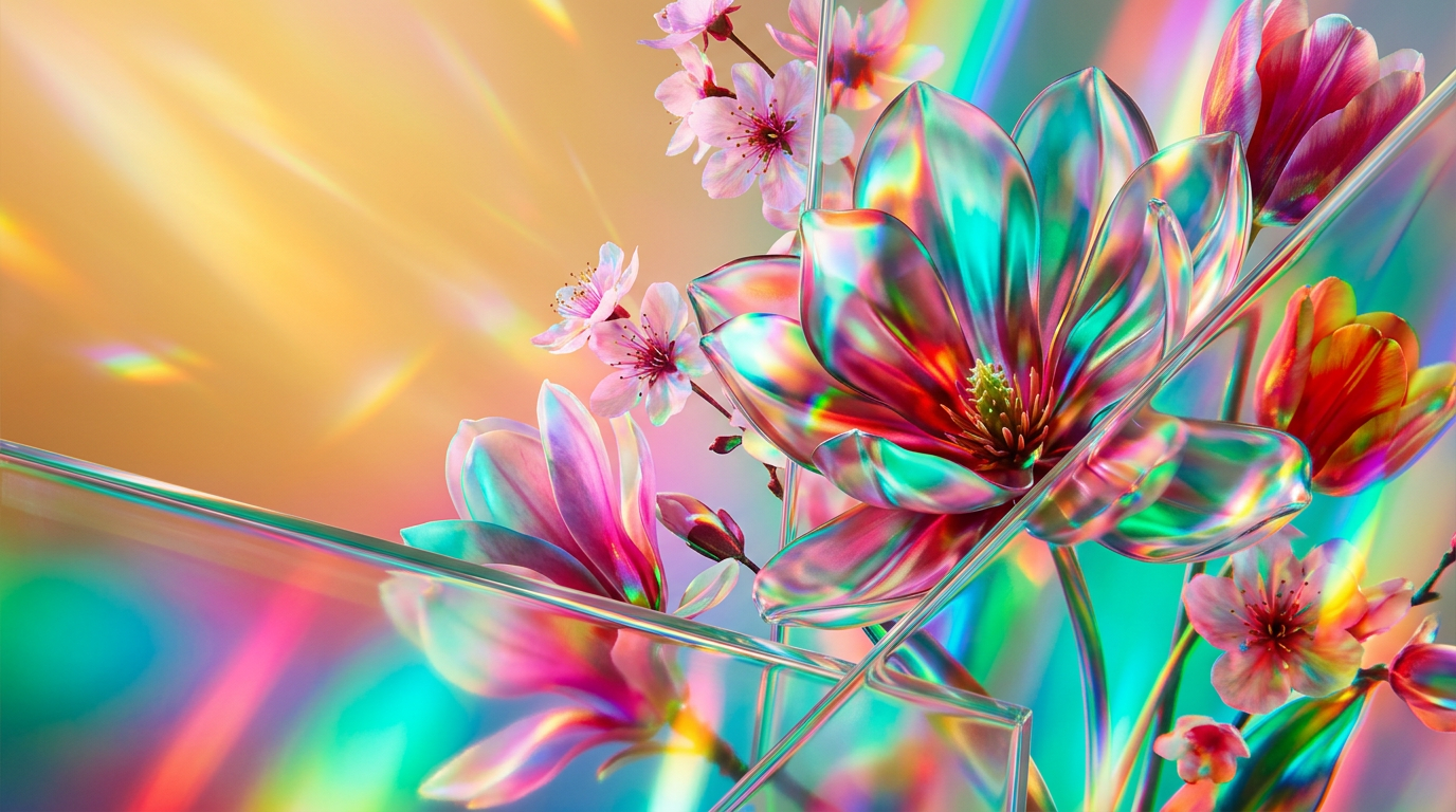 Spring perfume bottles among blooming flowers