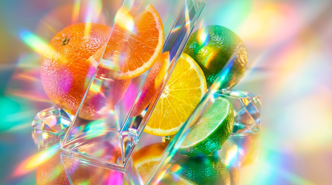 A collection of vibrant citrus fruits and artisanal perfume bottles in a sunlit garden setting