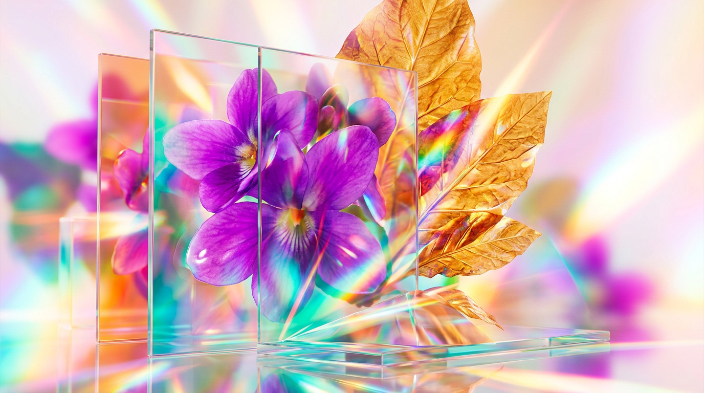 An atmospheric display of Violet Tabac Fragrance Noir with dark velvet and violet petals