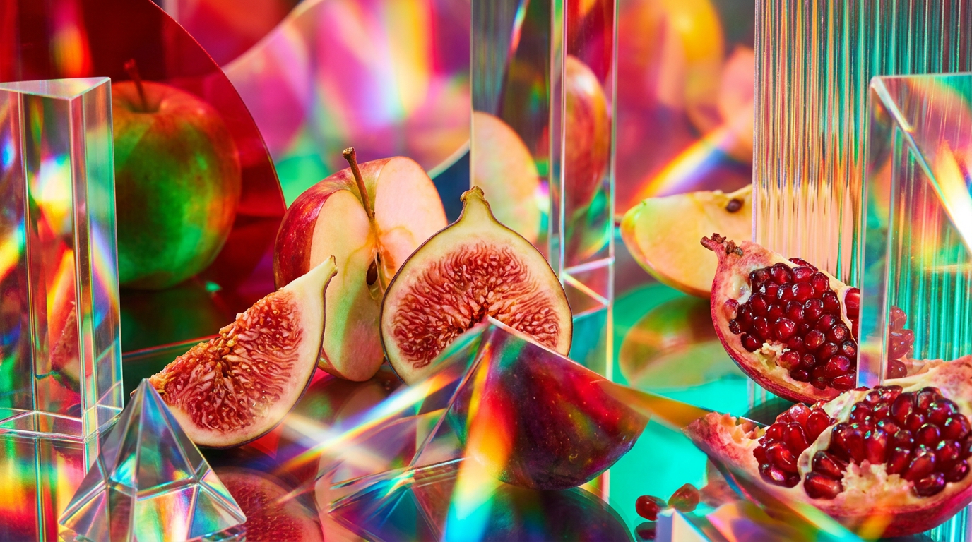Fruity and autumnal fragrance flatlay with dark berries and amber
