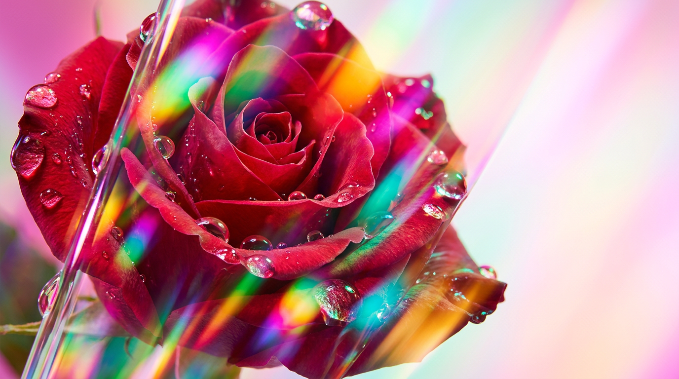 A crystalline rose covered in morning dew drops in a lush garden setting