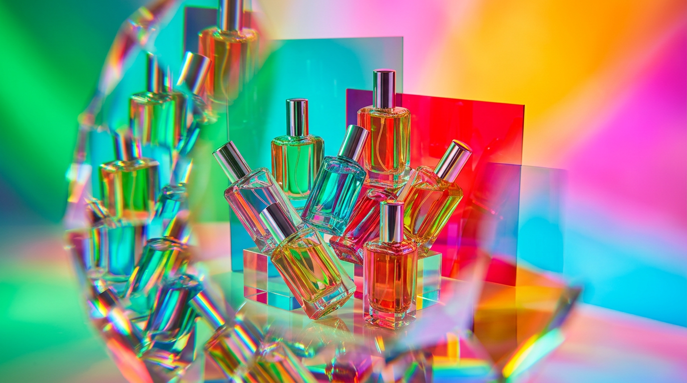Artisanal fragrance bottles arranged on a vanity, representing a modern fragrance wardrobe set