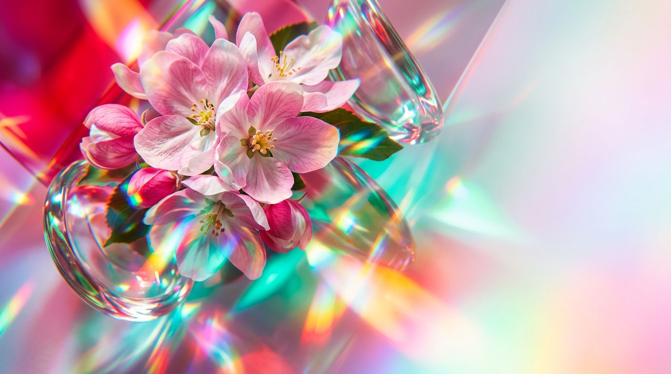A fresh bottle of perfume surrounded by apple blossoms and morning dew