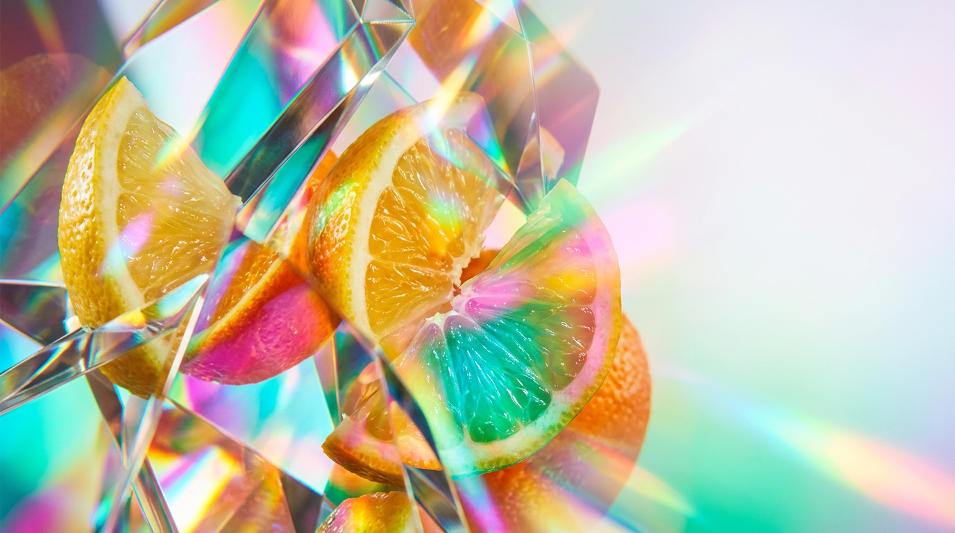 A collection of fresh citrus fruits and blue perfume bottles on a bright background