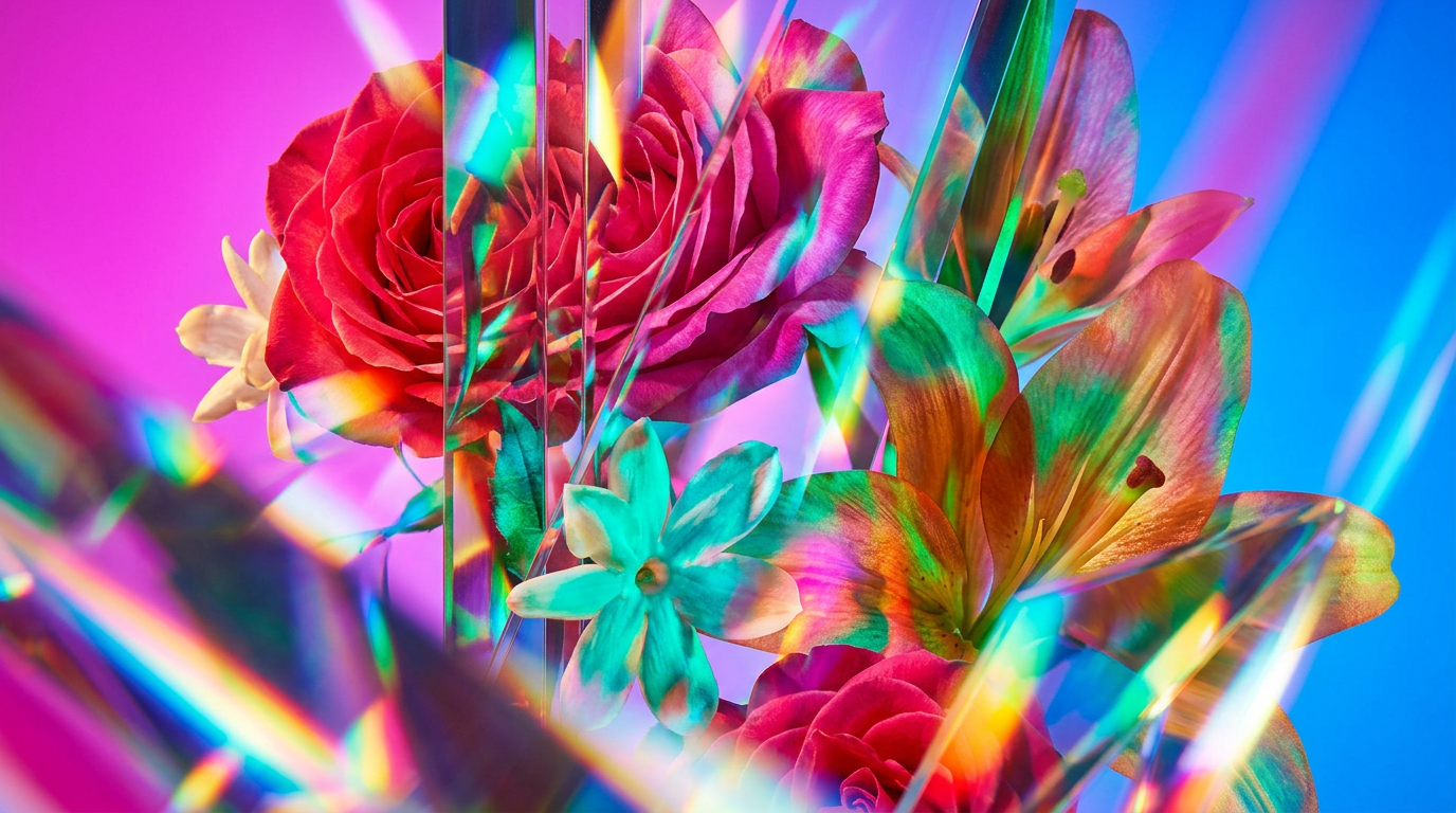 A collection of modern floral and botanical fragrances on a minimalist background