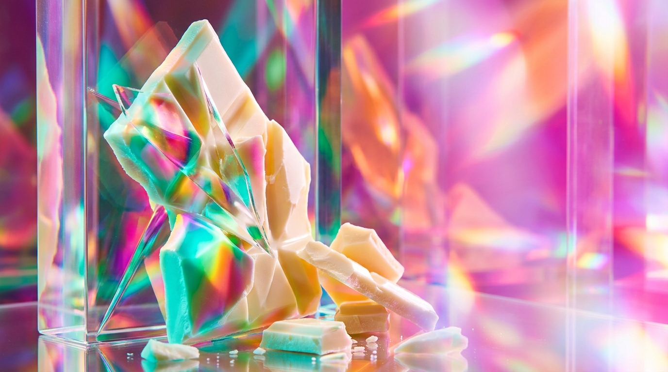 An artistic glass bottle of perfume surrounded by shards of white chocolate and vanilla beans