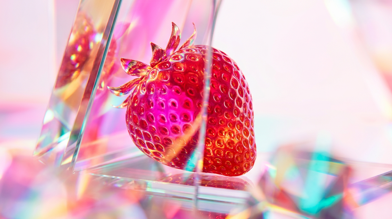 Fresh strawberries and luxury perfume bottles on a wooden table