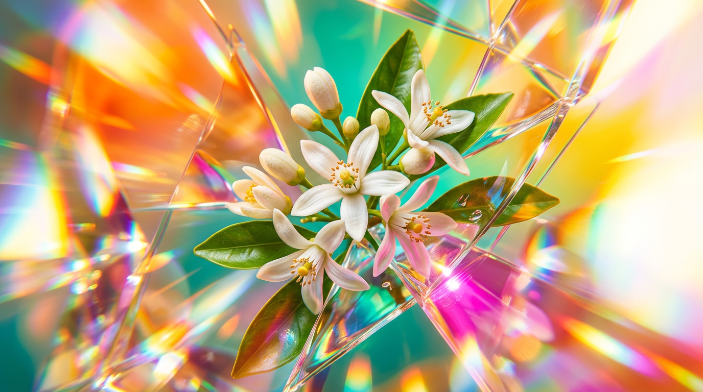 A bright, sun-drenched morning scene with delicate white blossoms and crystalline perfume bottles