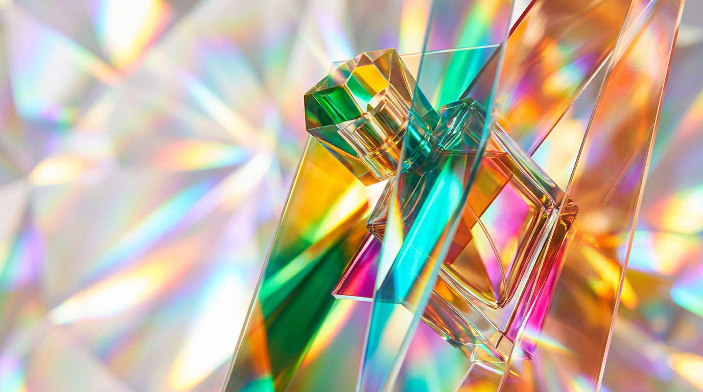 An artistic representation of mineral and woody fragrance notes floating in a crisp blue atmosphere