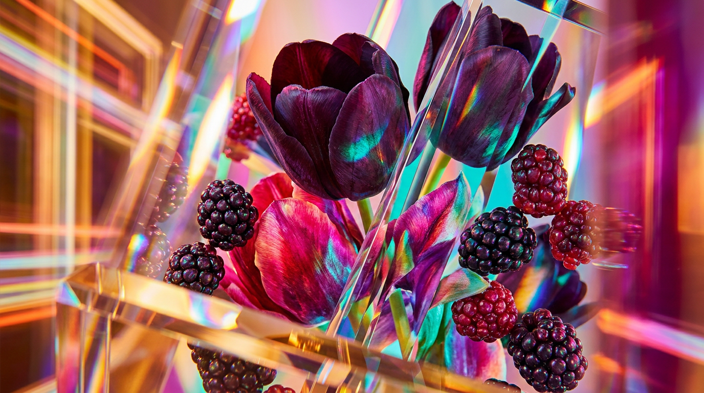 Shay & Blue Black Tulip and Blueberry Musk bottles in a moody, artistic setting