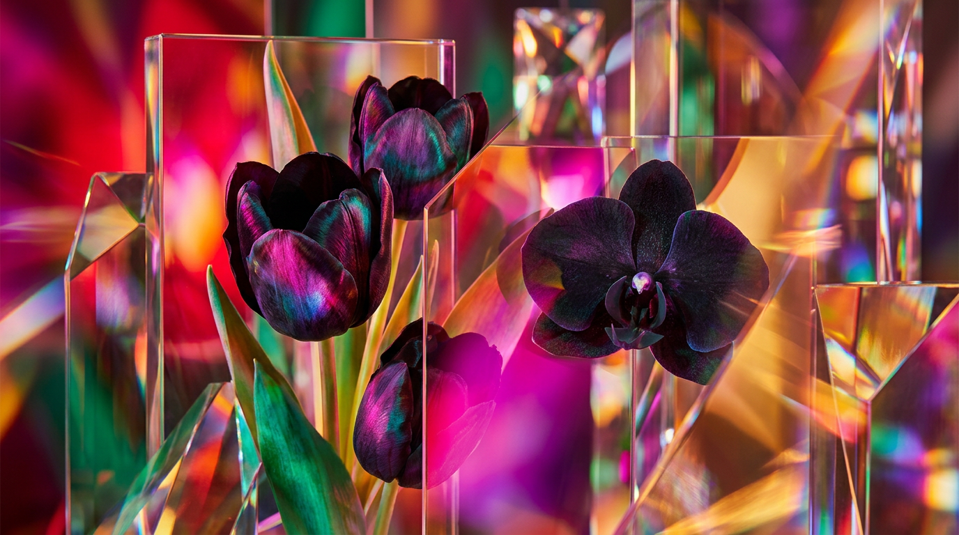 Black Tulip Fragrance Bottle alongside dark florals