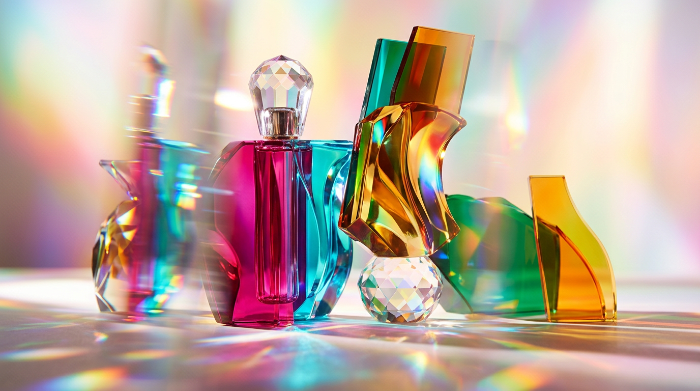 Luxury fragrance bottles arranged on a dark marble surface