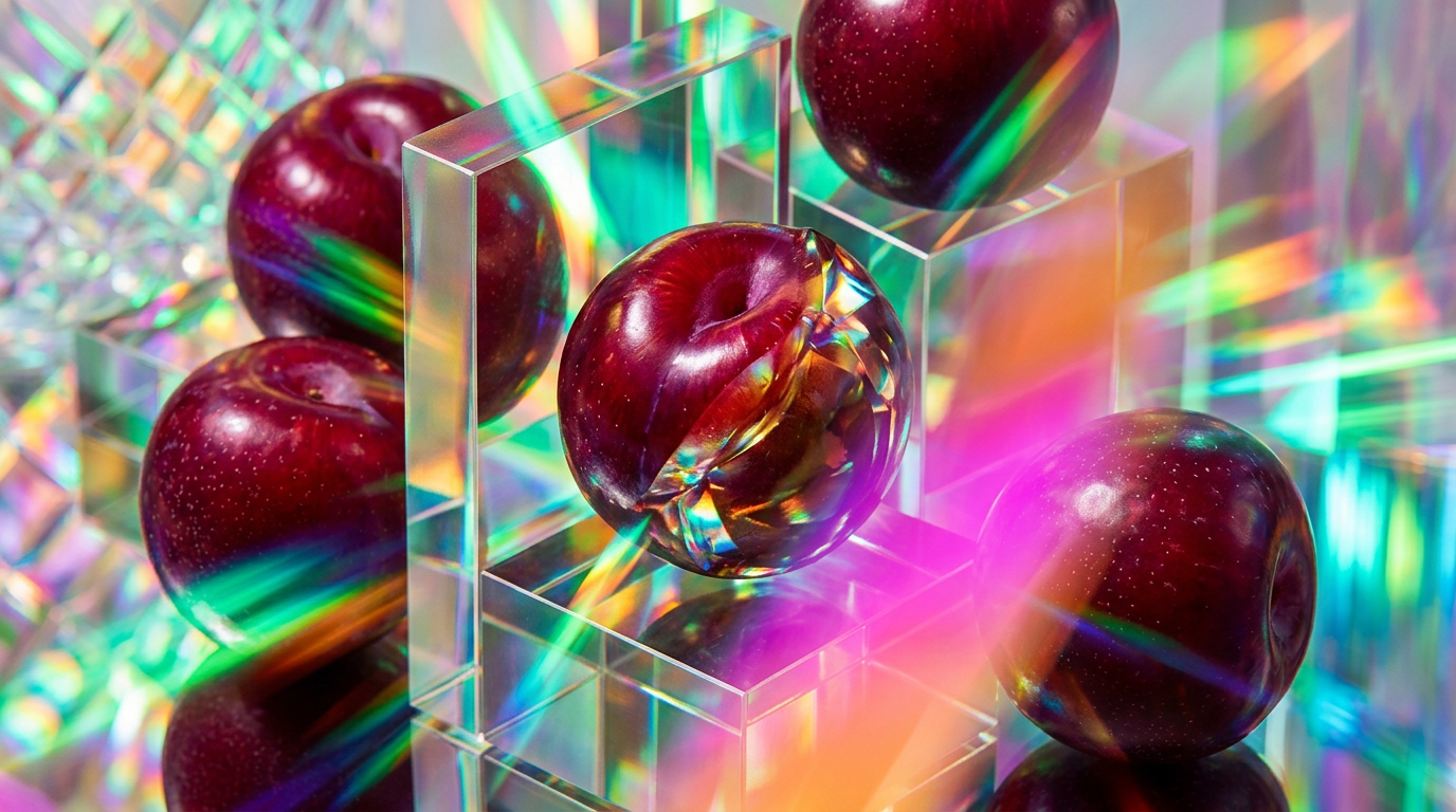 A moody arrangement of dark plums, velvet fabrics, and elegant perfume bottles