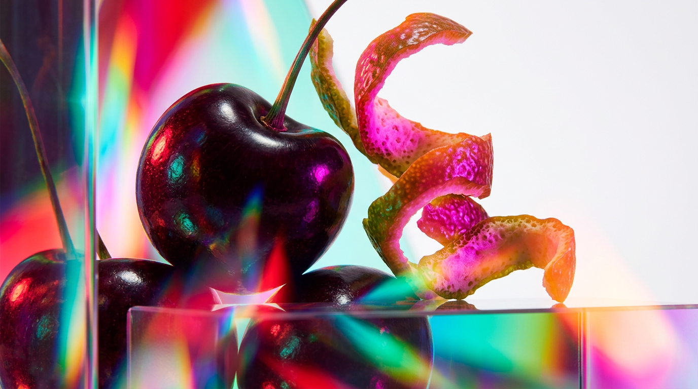 Luxury perfume bottles reflecting black cherry and bergamot aesthetics