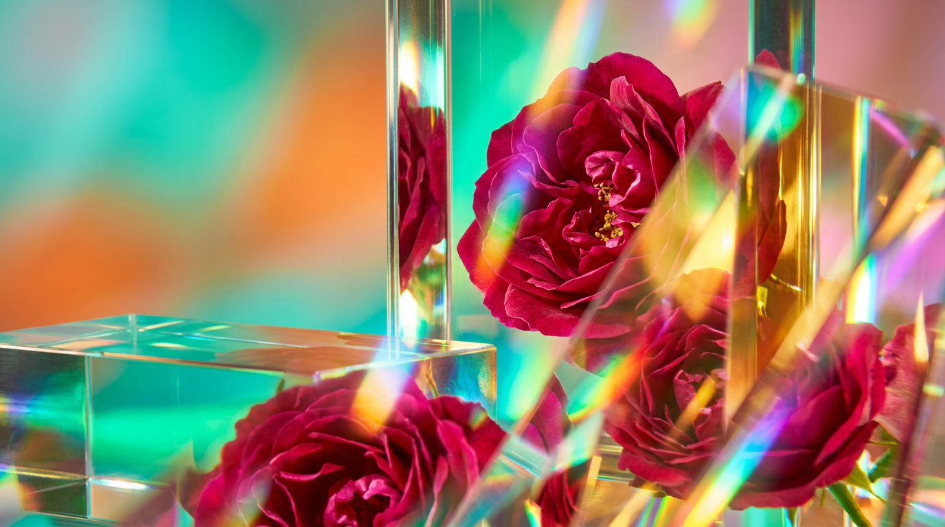 Wild Roses fragrance bottle among fresh petals