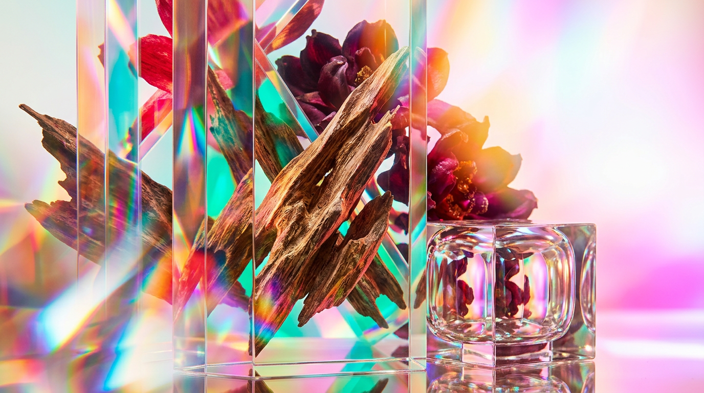 A moody, luxurious setting featuring dark woods and golden amber light, reflecting the Oud Alif aesthetic
