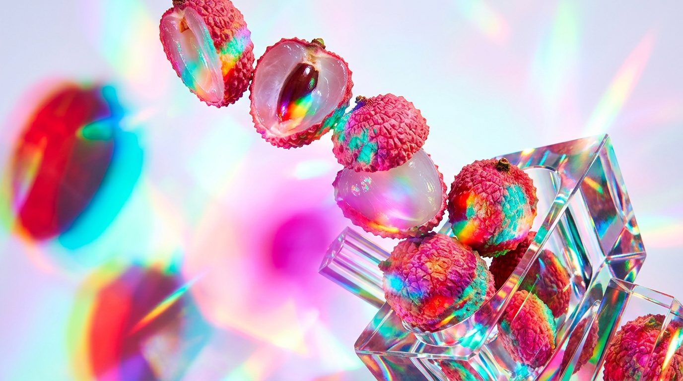 Fresh lychee fruit and elegant perfume bottle on a marble surface