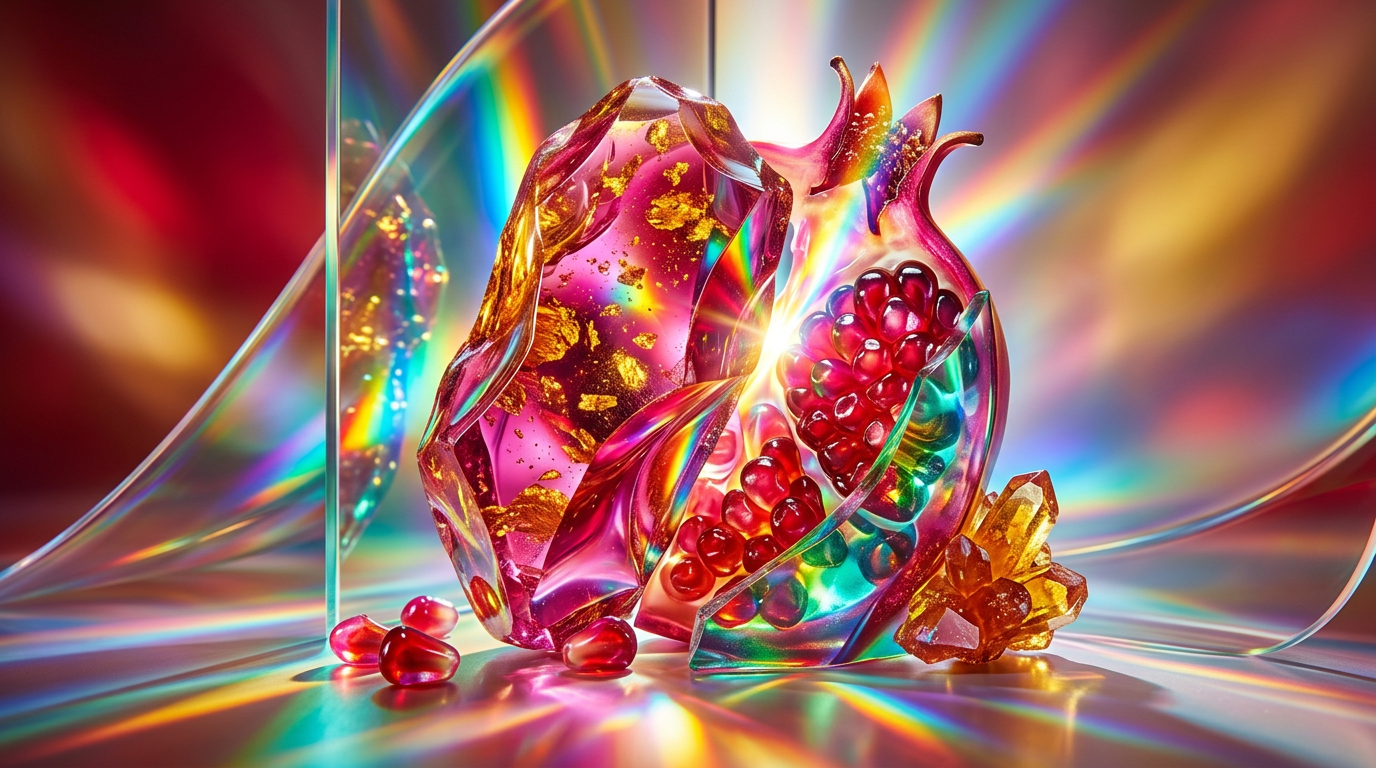 Dark amber pomegranate fragrance aesthetic with moody lighting