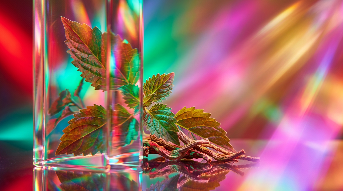 An artistic glass fragrance bottle surrounded by botanical patchouli leaves and earthy elements