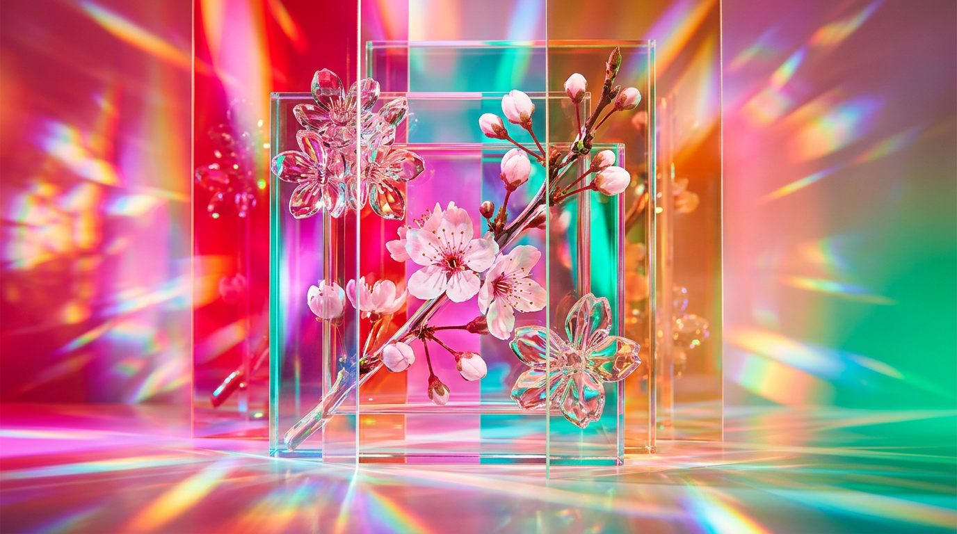 Blossoming cherry trees in an English garden under a soft blue sky