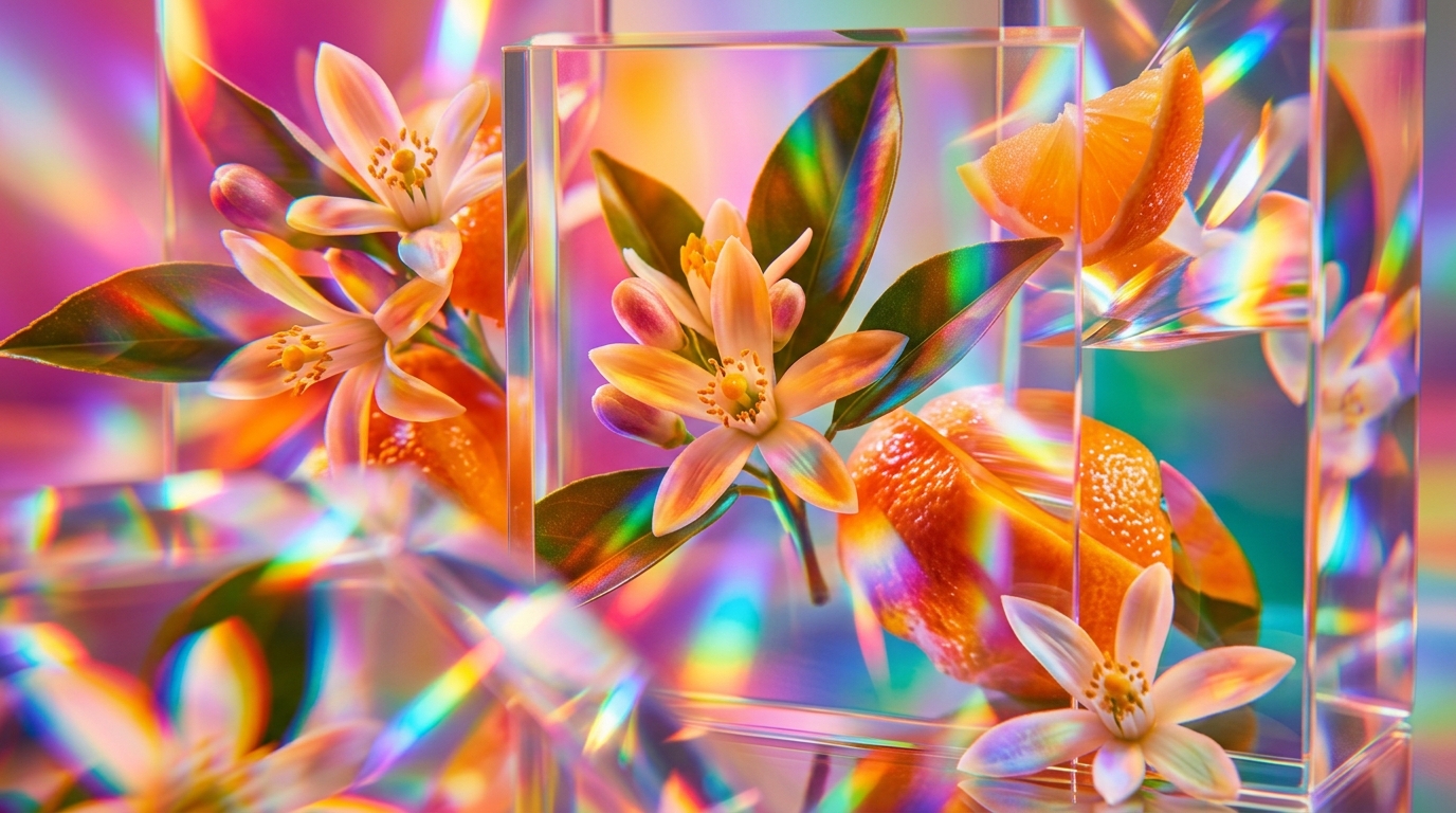 An elegant display of citrus and floral perfumes in a sun-drenched garden setting