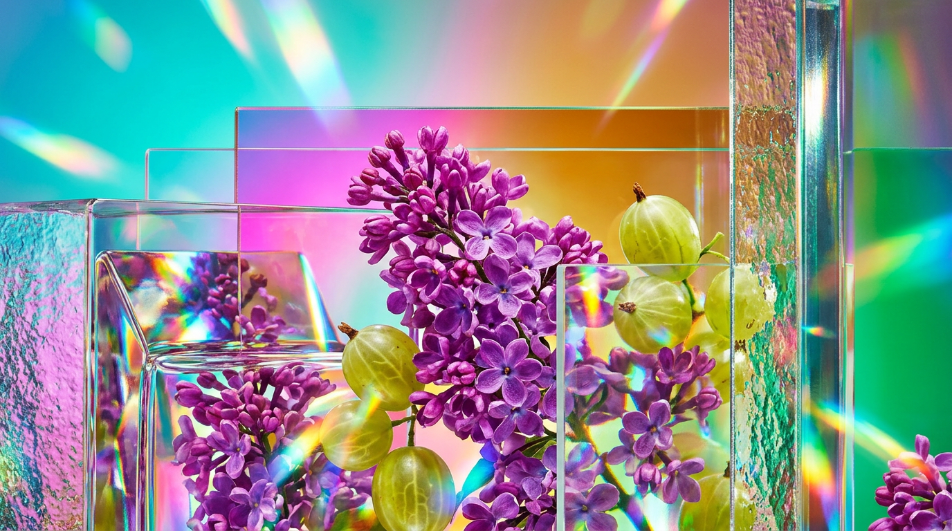 Artisanal fragrance bottles on a marble surface with lilac petals