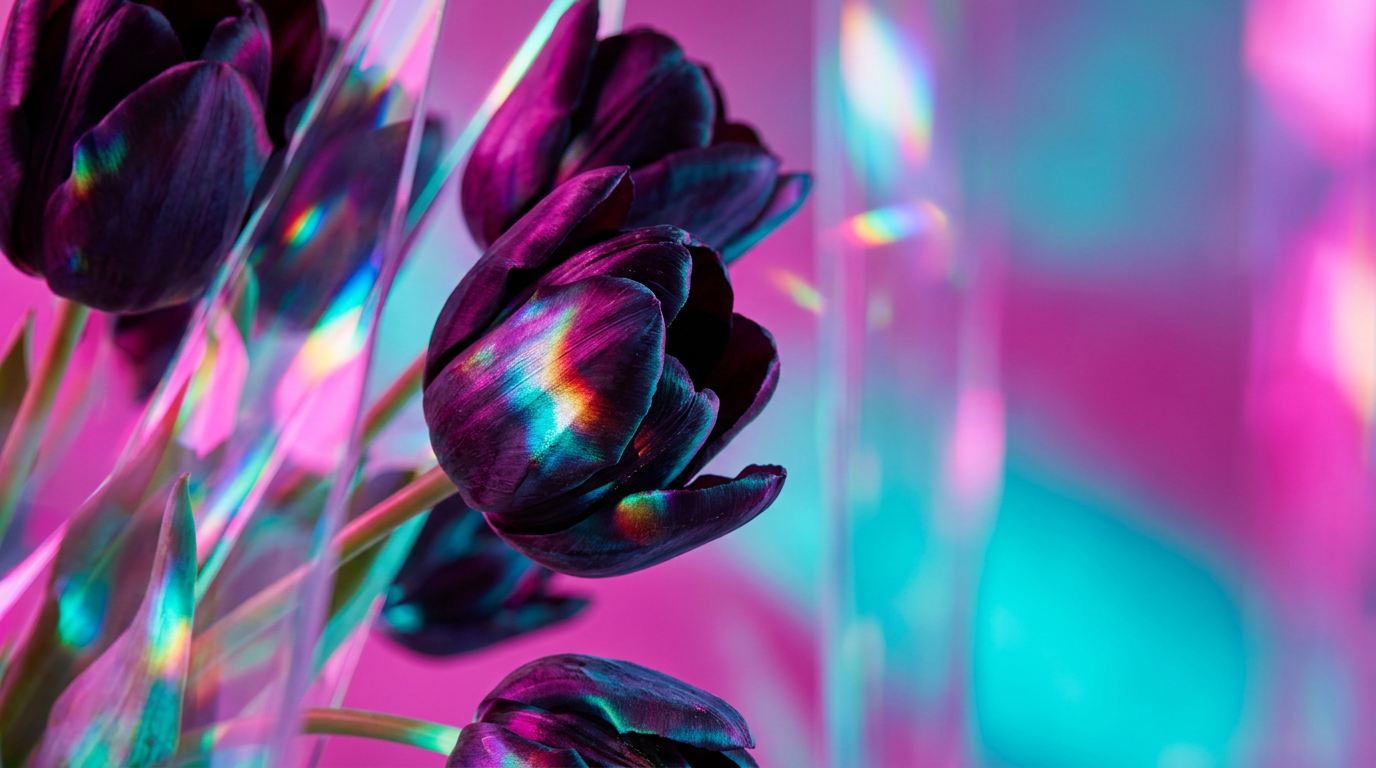 A deep, moody aesthetic featuring dark flowers and a bottle of Black Tulip perfume
