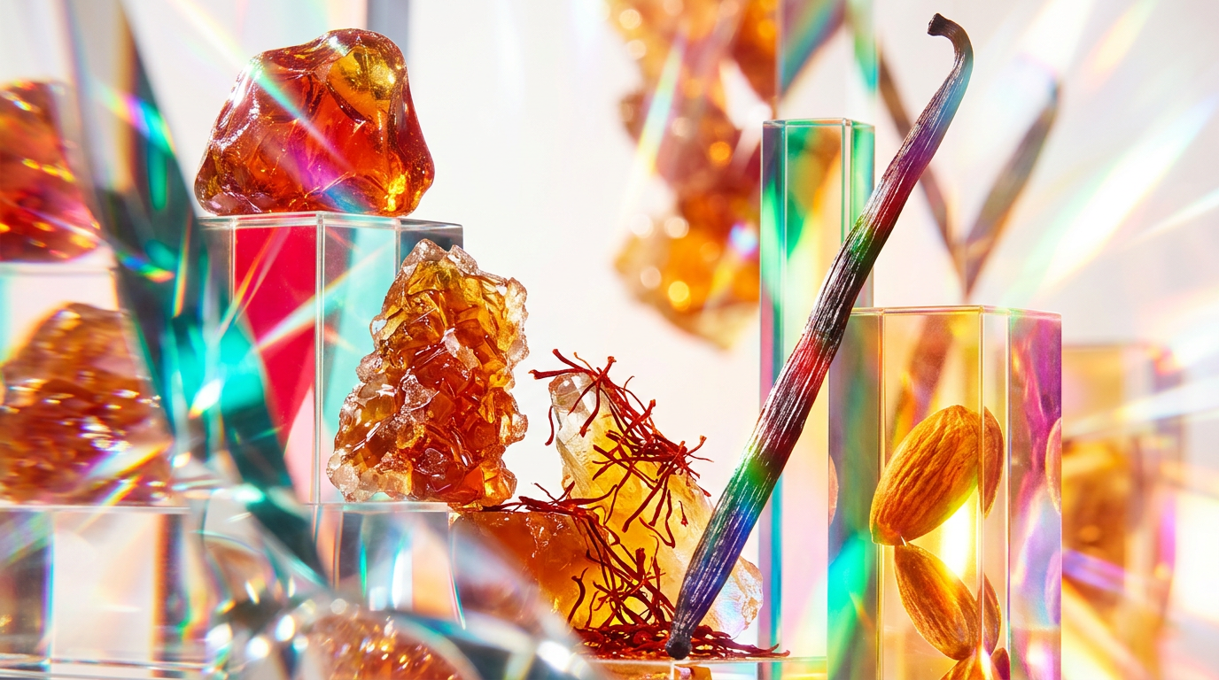 A collection of decadent gourmand perfume bottles surrounded by dark chocolate and fruits