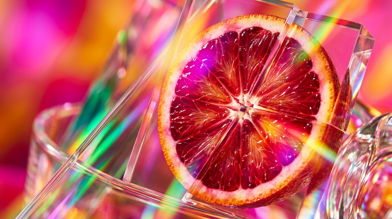 A vibrant display of sliced blood oranges and perfume bottles