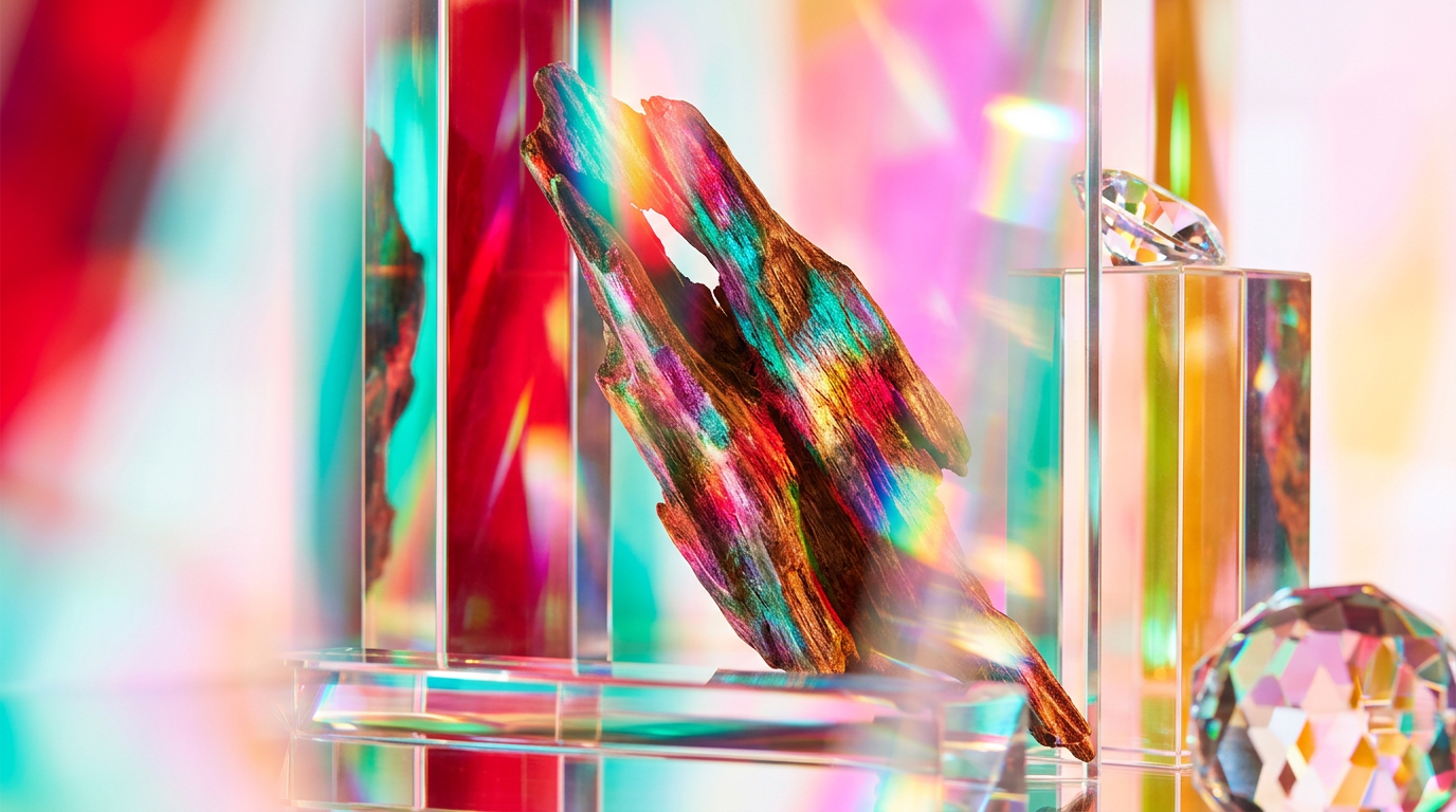 An atmospheric display of dark resins and luxury perfume bottles representing the essence of oud