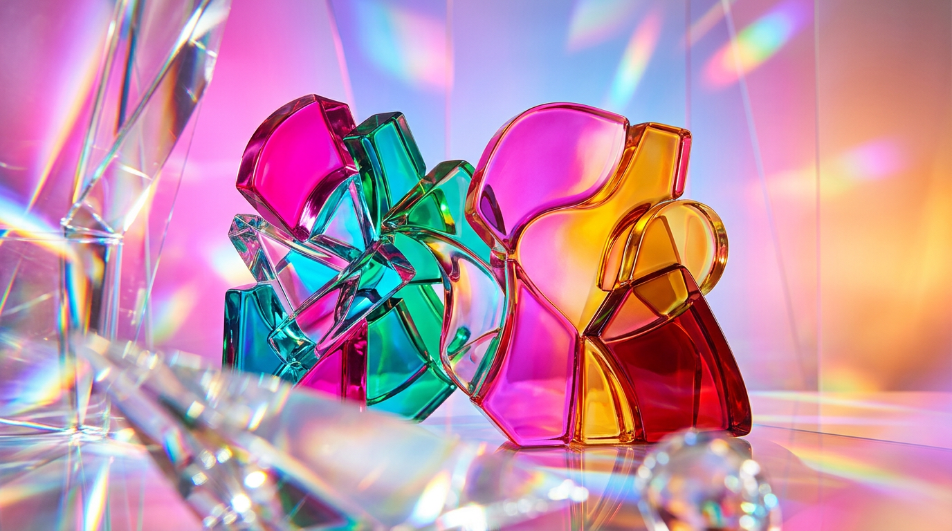 An artistic representation of gender-fluid fragrance bottles and botanical elements