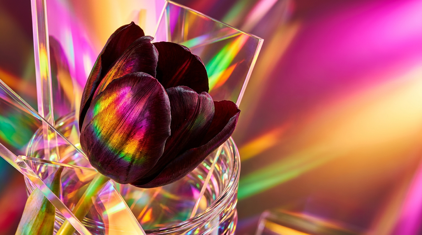 An ethereal autumn scene with deep purple tulips and fallen leaves