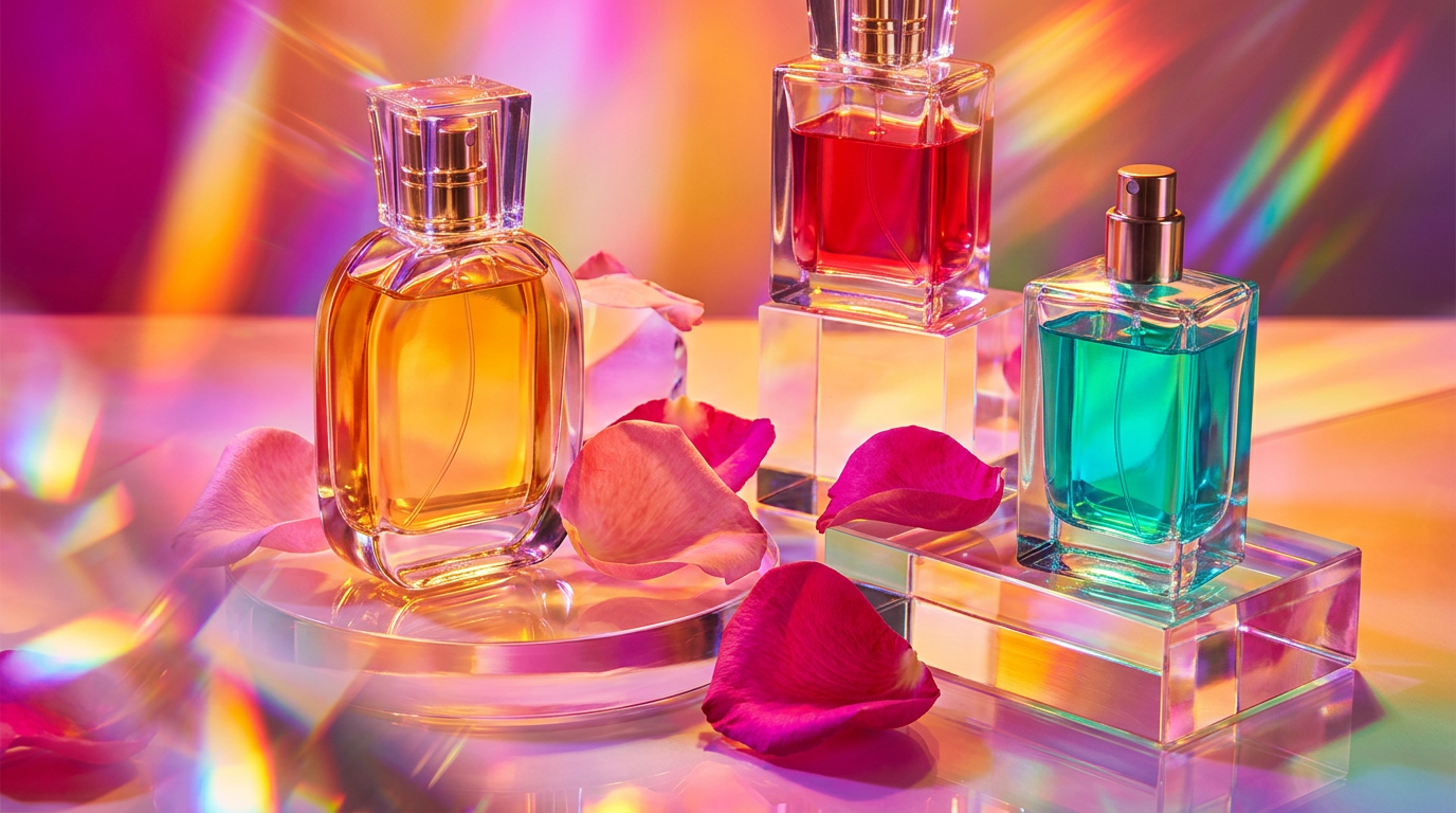 Artisanal perfume bottles on a stylist table representing fragrance layering