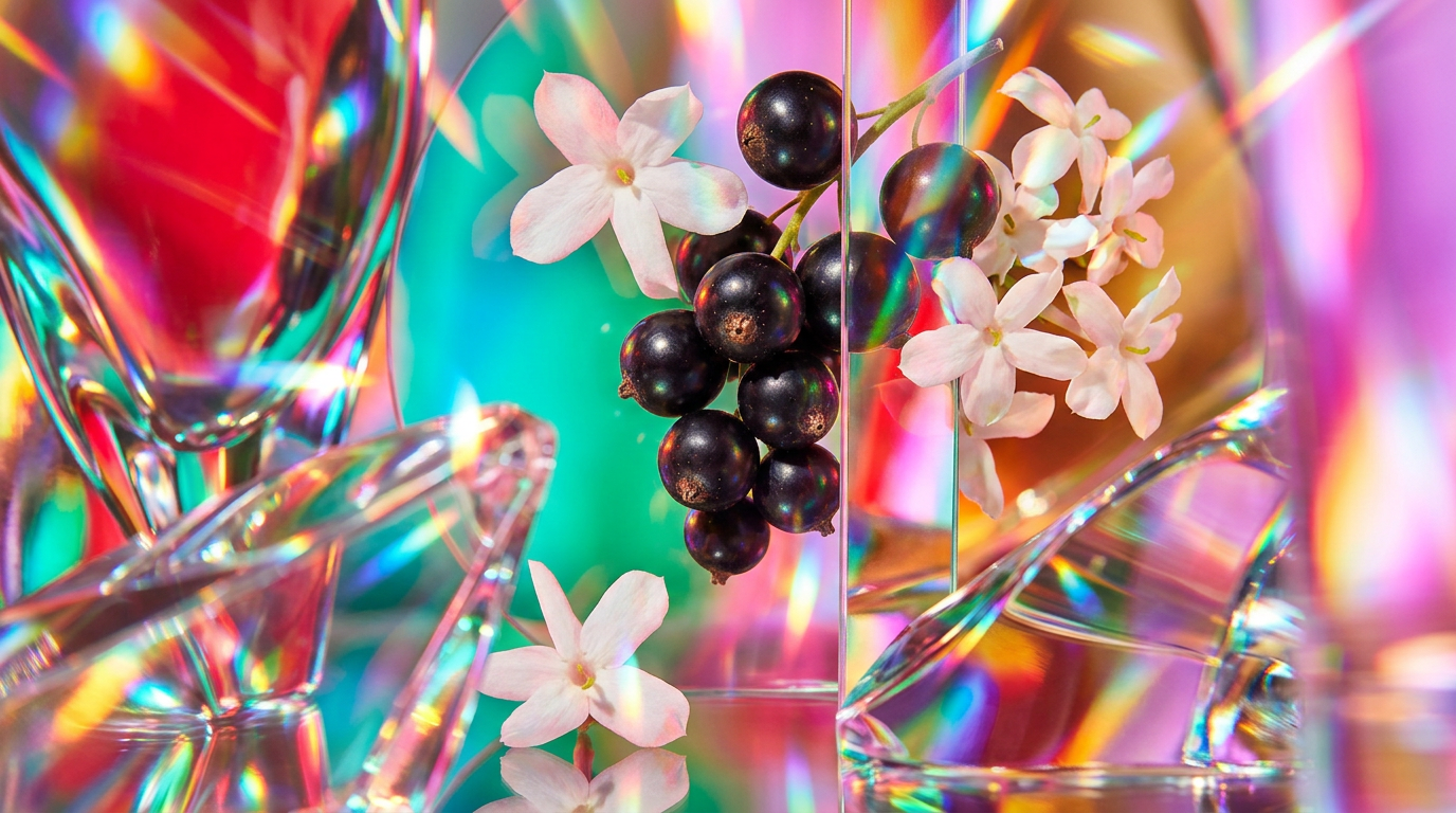 An atmospheric display of cassis berries and white jasmine flowers