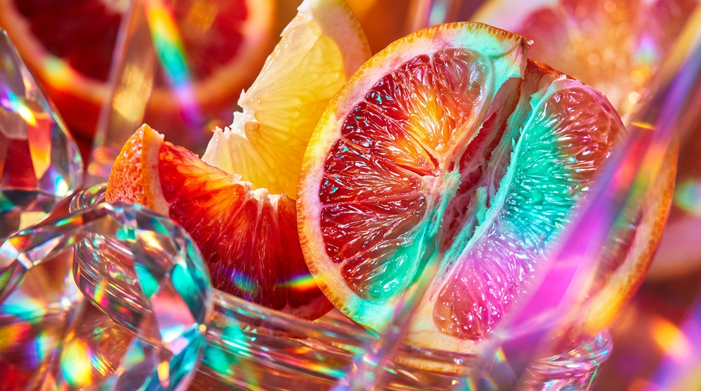 Fresh citrus fruits and elegant perfume bottles on a sunlit morning table