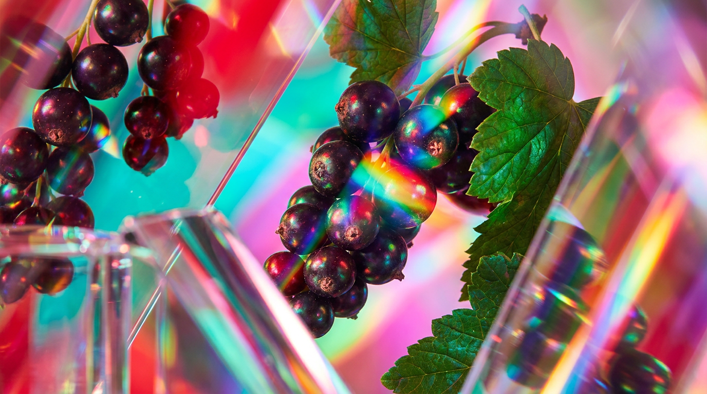 A moody arrangement of dark berries and green leaves representing the cassis scent profile