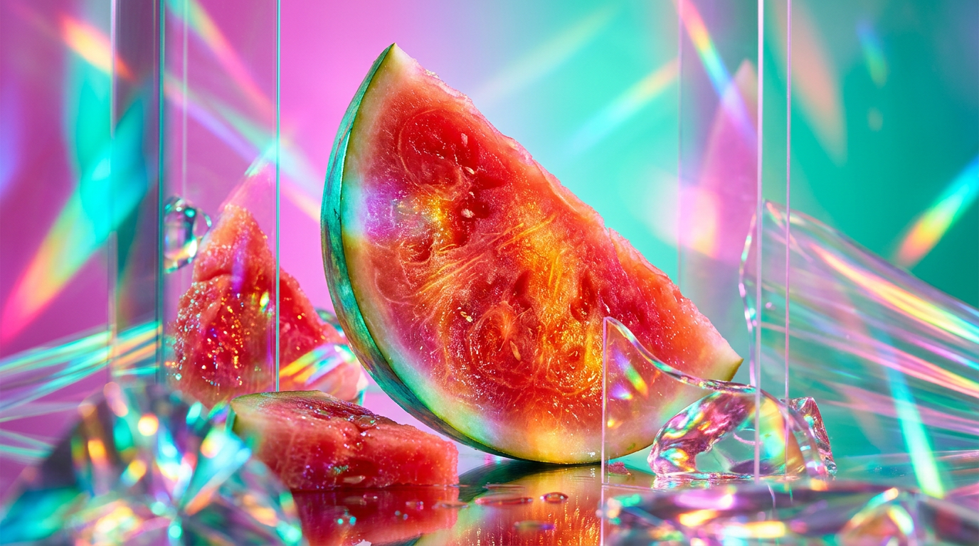 A refreshing beach scene with vibrant summer fruits and fragrance bottles