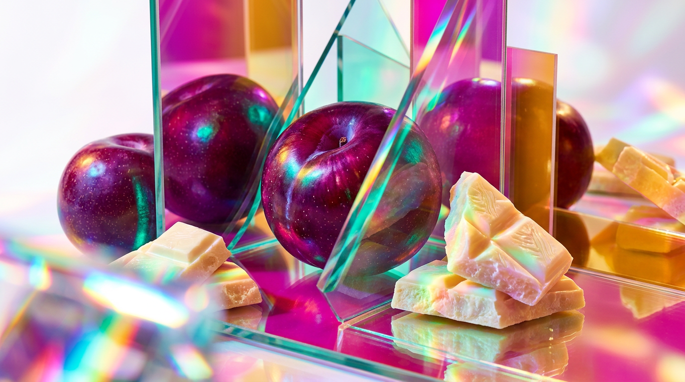 A decadent spread of dark plums and creamy white chocolate shards on a silk background