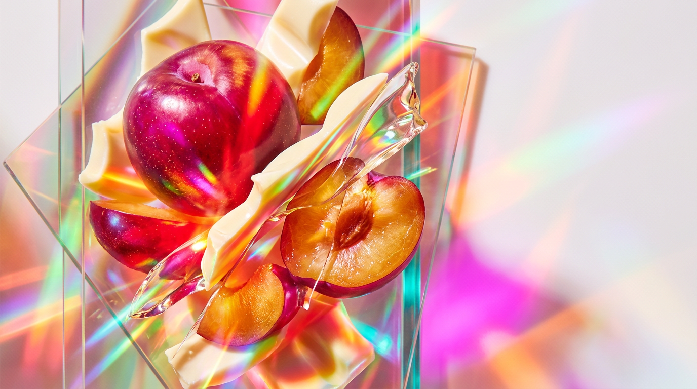 A decadent spread of dark oriental plums and creamy white chocolate bars, evoking a luxury fragrance aesthetic.