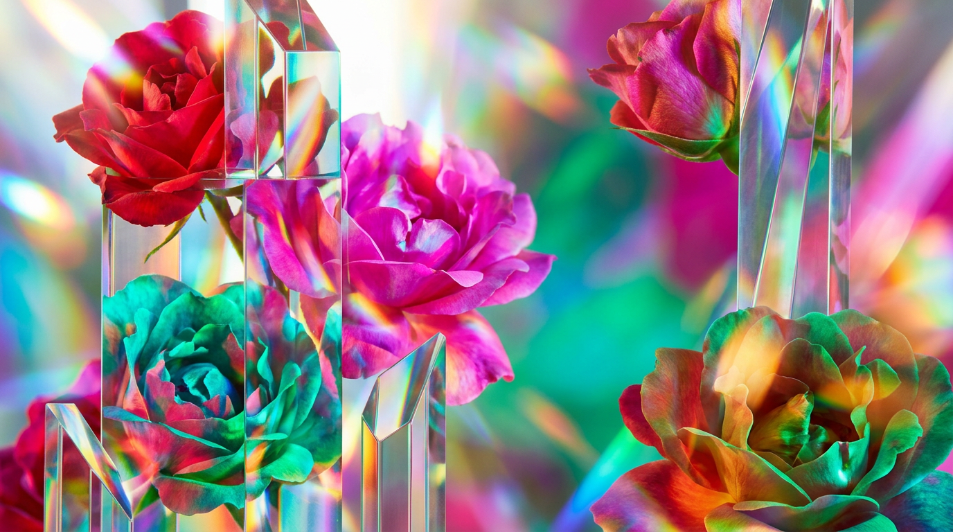 A lush garden of wild roses in the early morning dew