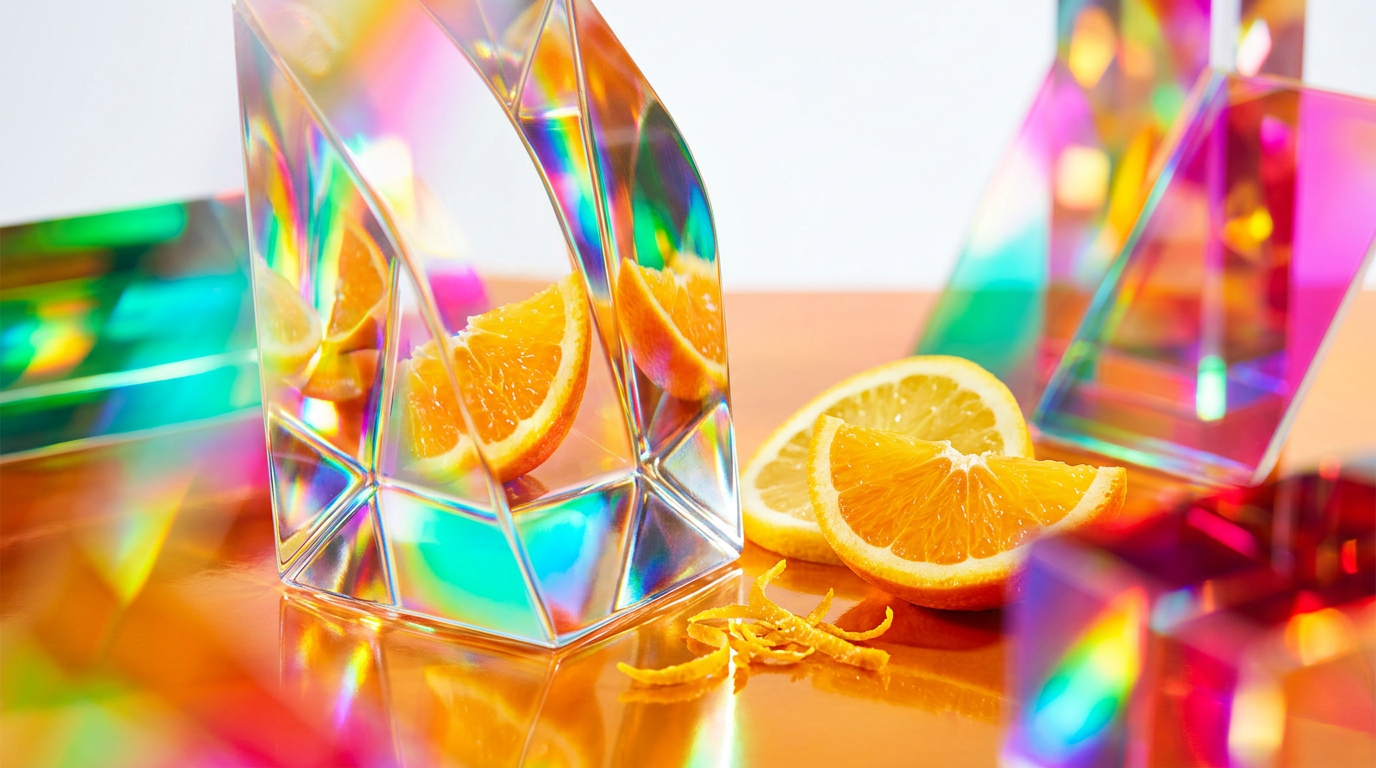 A bright citrus perfume bottle basking in golden hour sunlight